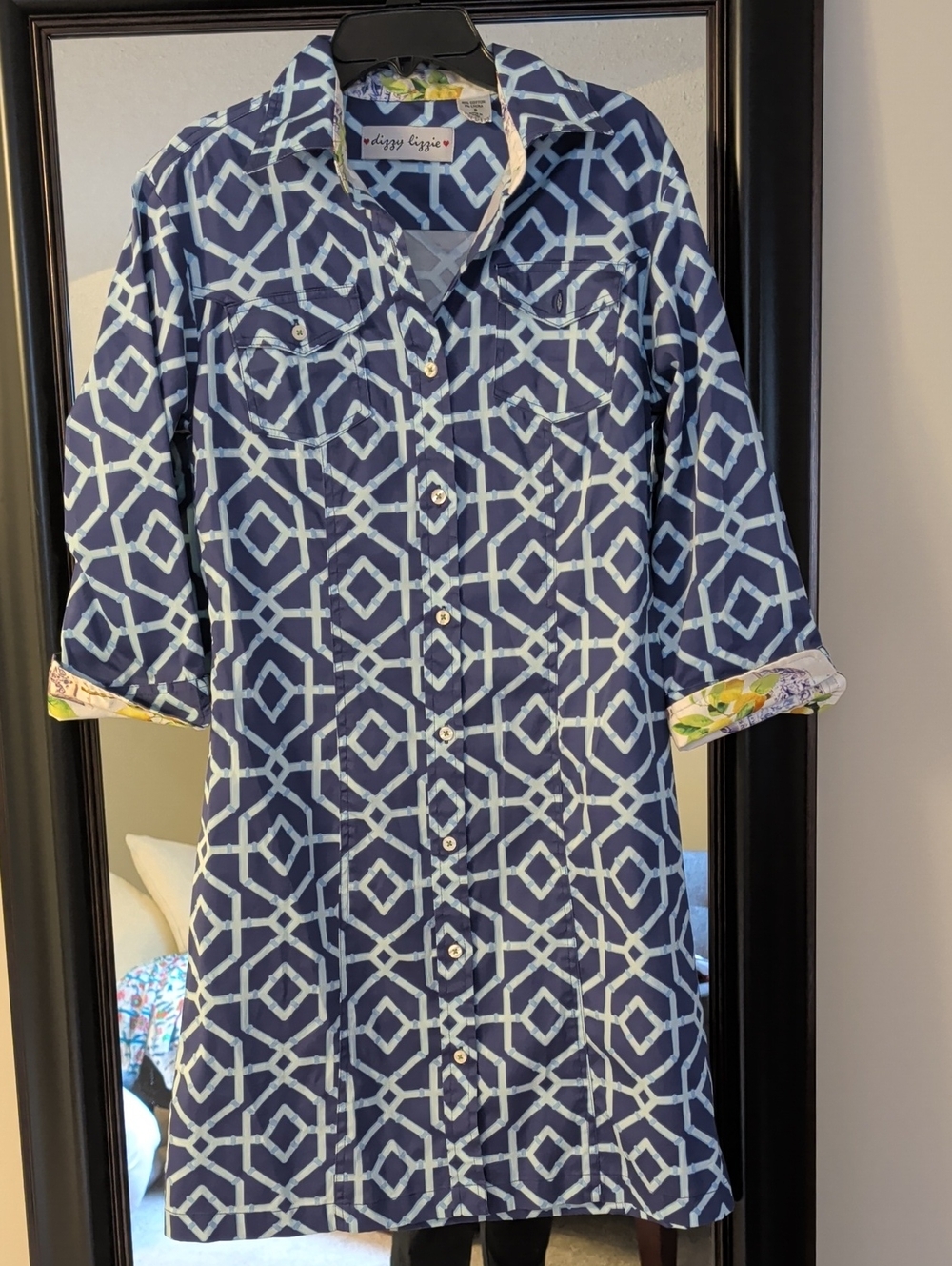 Dizzy Lizzie Navy Geometric Button-Front Shirt Dress